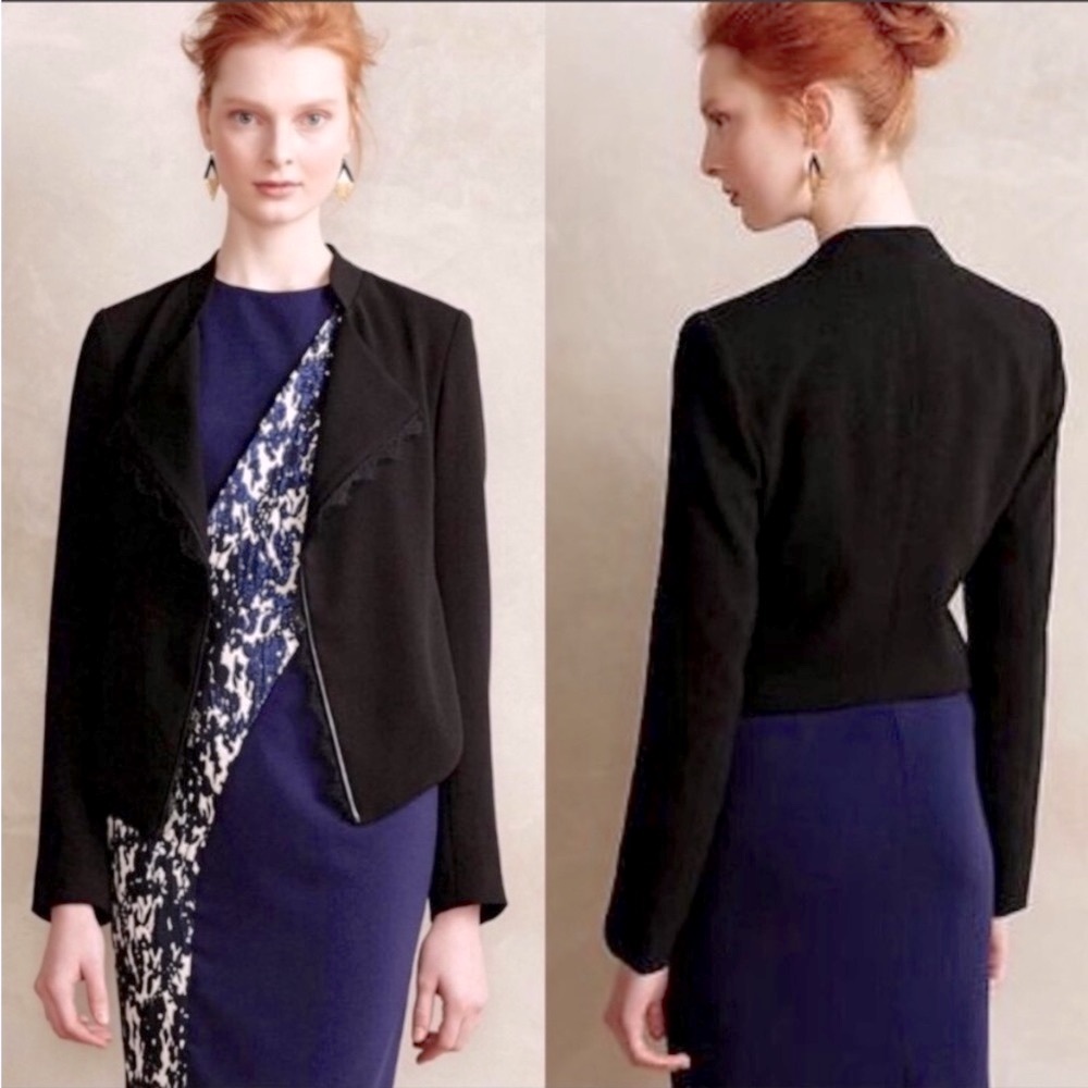 Anthro Elevenses Black Eyelash Lace & Faux Leather Trim Draped Blazer Jacket